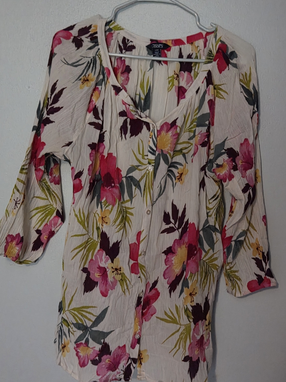 Chaps Floral Button-Front Tunic in Cream with Pink & Yellow Blooms